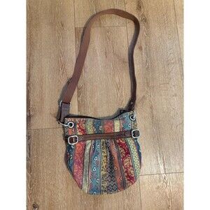 Vintage FOSSIL Multicolor Canvas & Leather HIPPIE FLORAL Crossbody Bag #ZB2777